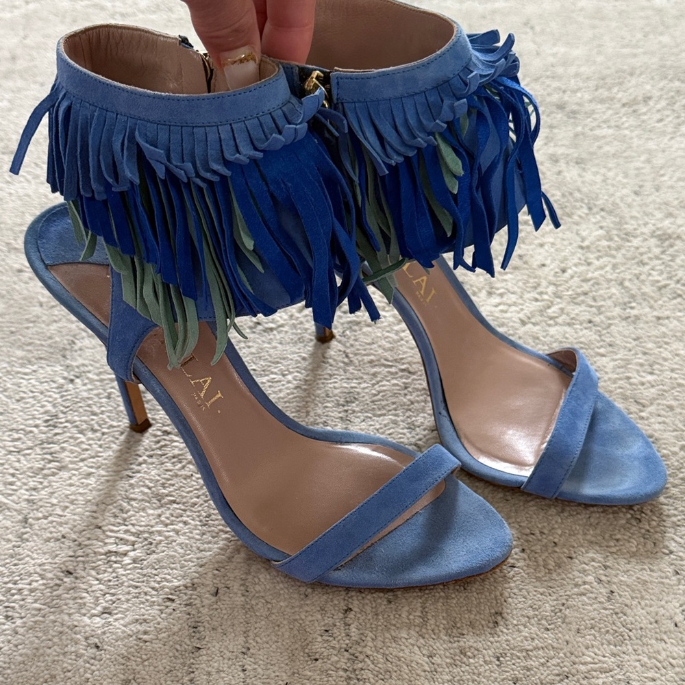 Fringed Fun Unique Blue Suede Ankle-Strap Heels